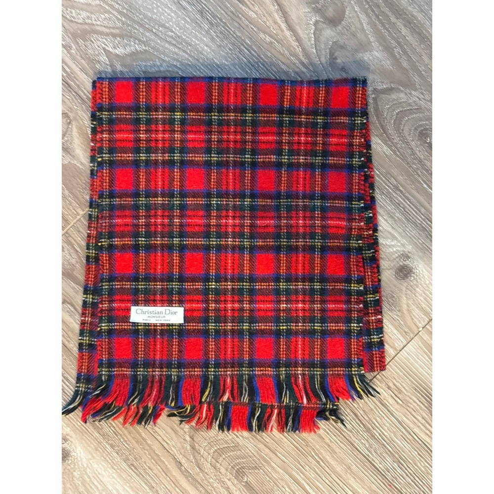 Christian Dior Monsieur Vintage Red Tartan Plaid Scarf Fringed Wool Blend Paris